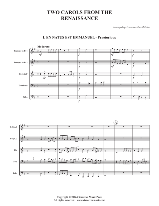 Zwei Weihnachtslieder aus der Renaissance (Blechbl auml serquintett) (Quintett (Blech Brass)) von Arr. Lawrence David Eden