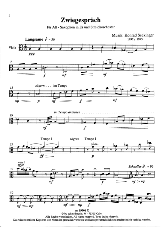 Zwiegespr auml ch (Streichorchester Viola) (Streichorchester) von Konrad Seckinger