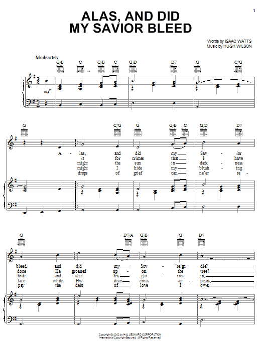 Alas, And Did My Savior Bleed (Piano, Vocal & Guitar Chords (Right-Hand Melody)) von Isaac Watts