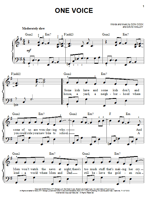 One Voice (Easy Piano) von Billy Gilman