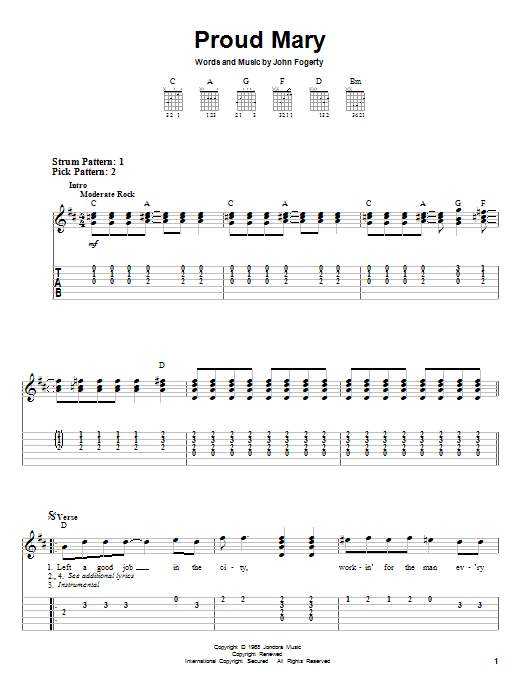 Proud Mary (Easy Guitar Tab) von Creedence Clearwater Revival