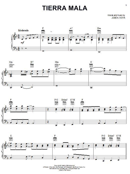 Tierra Mala (Piano, Vocal & Guitar Chords (Right-Hand Melody)) von Jos A. Moya