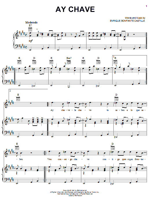 Ay Chave (Piano, Vocal & Guitar Chords (Right-Hand Melody)) von Enrique Bonfante Castilla