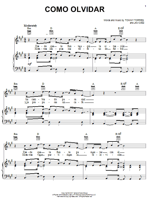 Como Olvidar (Piano, Vocal & Guitar Chords (Right-Hand Melody)) von Tommy Torres