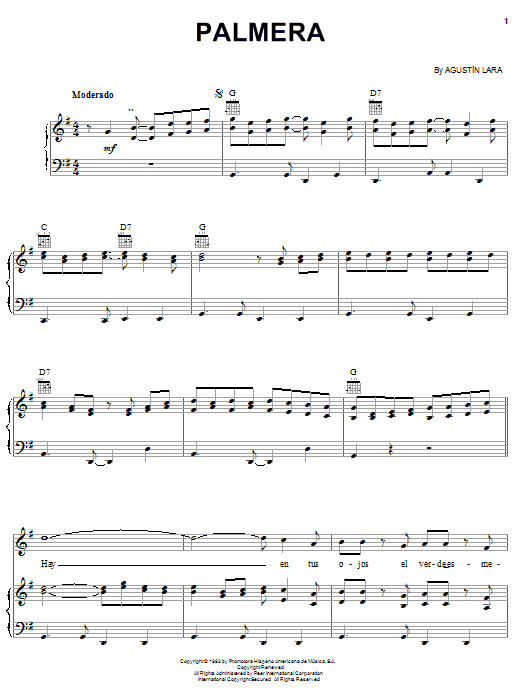 Palmera (Piano, Vocal & Guitar Chords (Right-Hand Melody)) von Agustin Lara