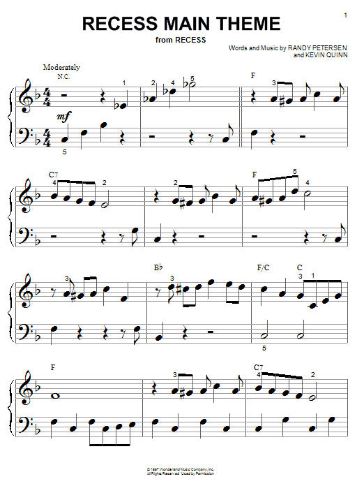 Recess Main Theme (from the Disney TV Series Recess) (Big Note Piano) von Randy Petersen