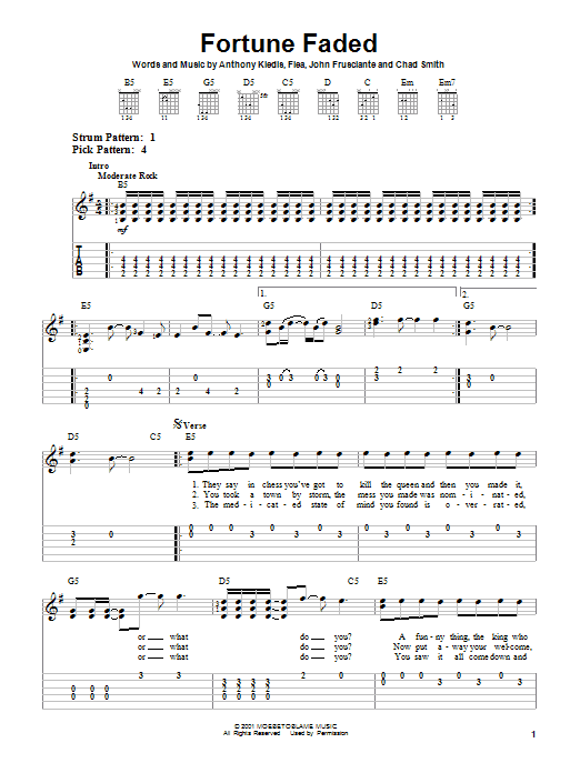 Fortune Faded (Easy Guitar Tab) von Red Hot Chili Peppers