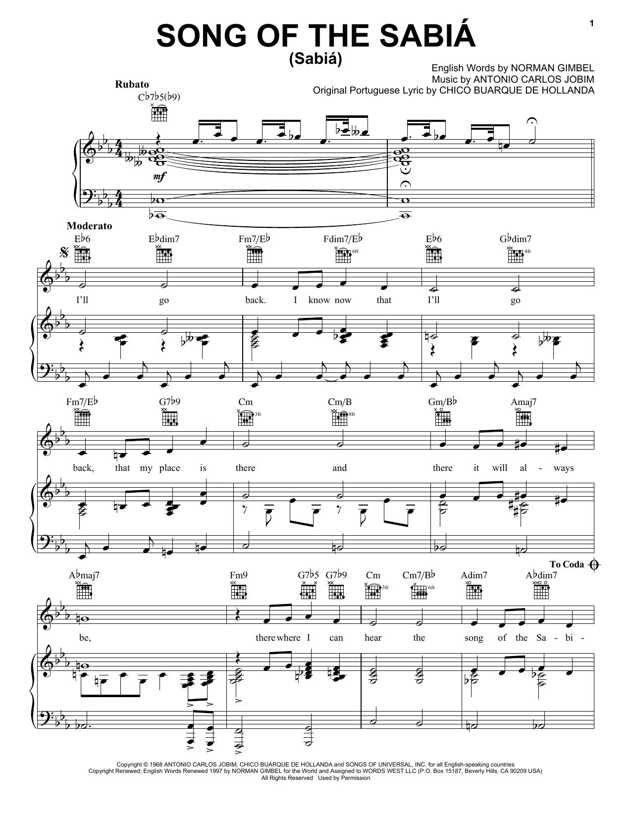 Song Of The Sabia (Sabia) (Piano, Vocal & Guitar Chords (Right-Hand Melody)) von Antonio Carlos Jobim