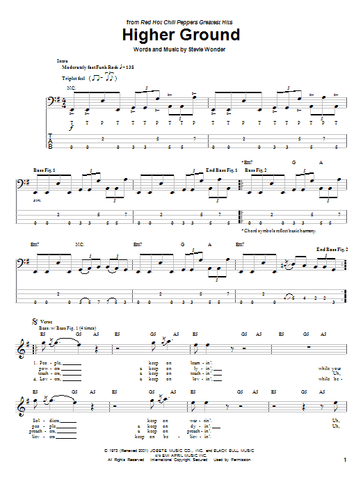 Higher Ground (Bass Guitar Tab) von Red Hot Chili Peppers