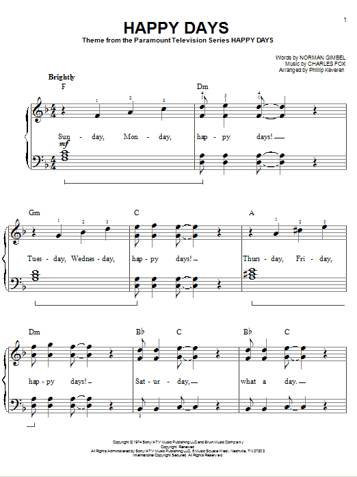 Happy Days (arr. Phillip Keveren) (Easy Piano) von Pratt & McClain