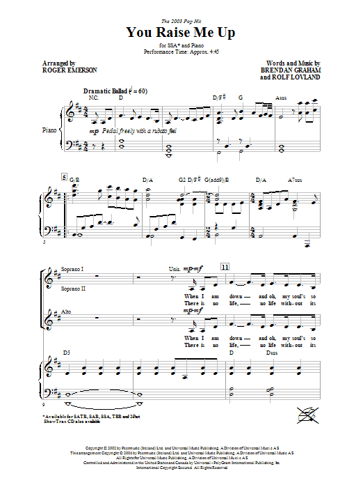 You Raise Me Up (arr. Roger Emerson) (SSA Choir) von Josh Groban