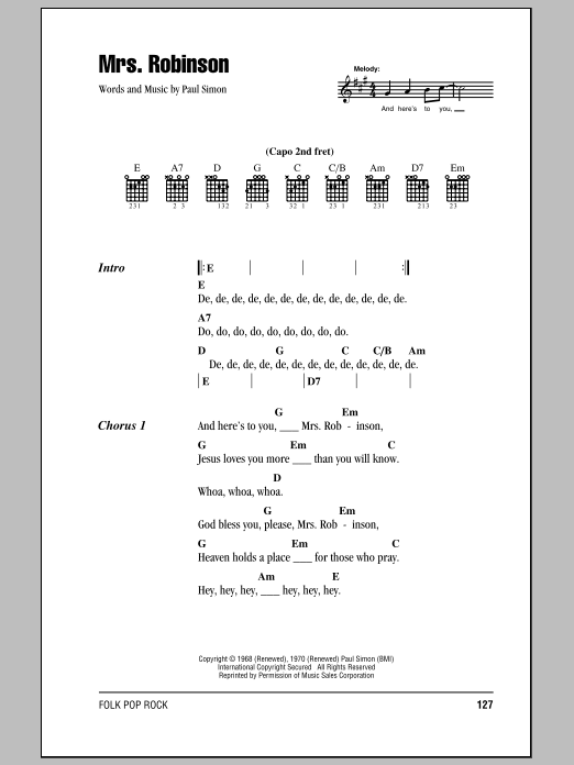 Mrs. Robinson (Guitar Chords/Lyrics) von Simon & Garfunkel