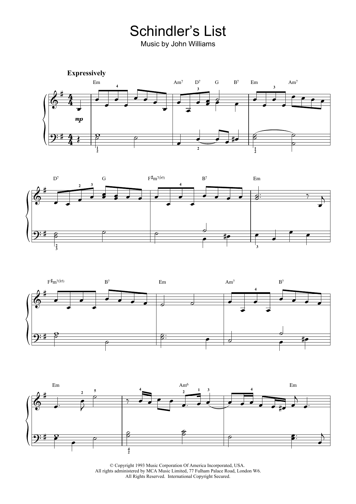 Schindler's List (Beginner Piano) von John Williams
