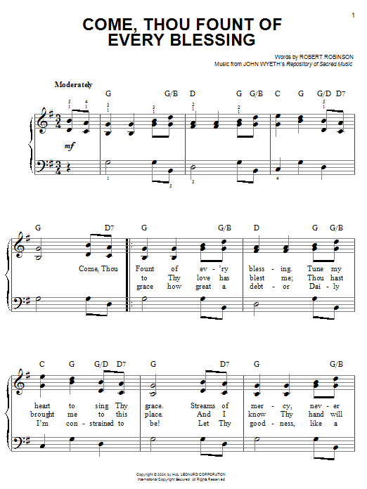 Come, Thou Fount of Every Blessing (Easy Piano) von Robert Robinson