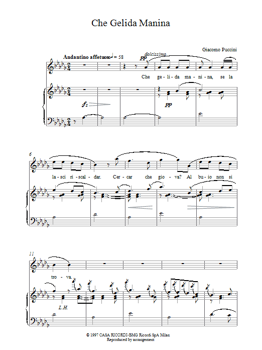Che Gelida Manina (Piano, Vocal & Guitar Chords) von Giacomo Puccini