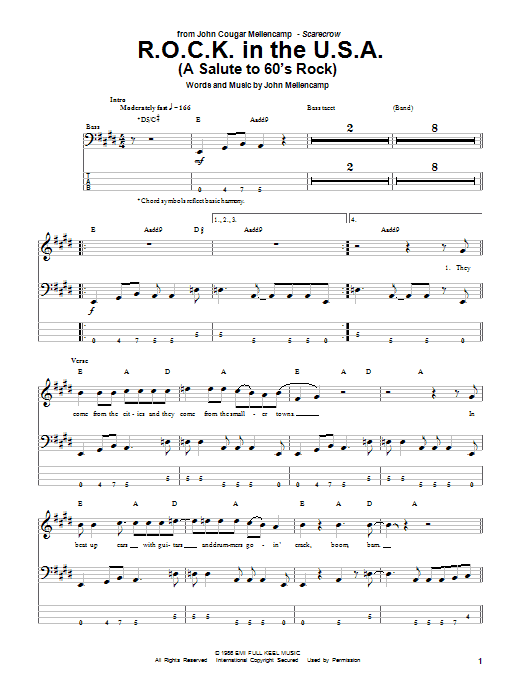 R.O.C.K. In The U.S.A. (A Salute To 60's Rock) (Bass Guitar Tab) von John Mellencamp