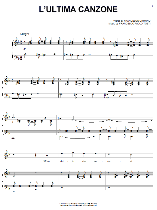 L'ultima canzone (Piano, Vocal & Guitar Chords (Right-Hand Melody)) von Andrea Bocelli