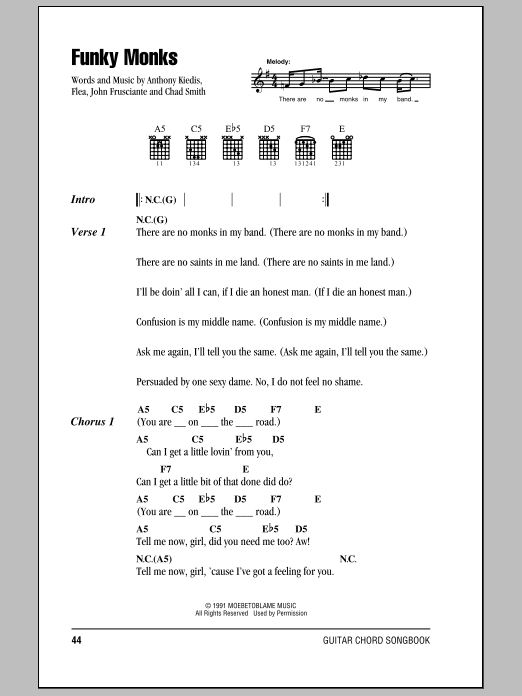 Funky Monks (Guitar Chords/Lyrics) von Red Hot Chili Peppers