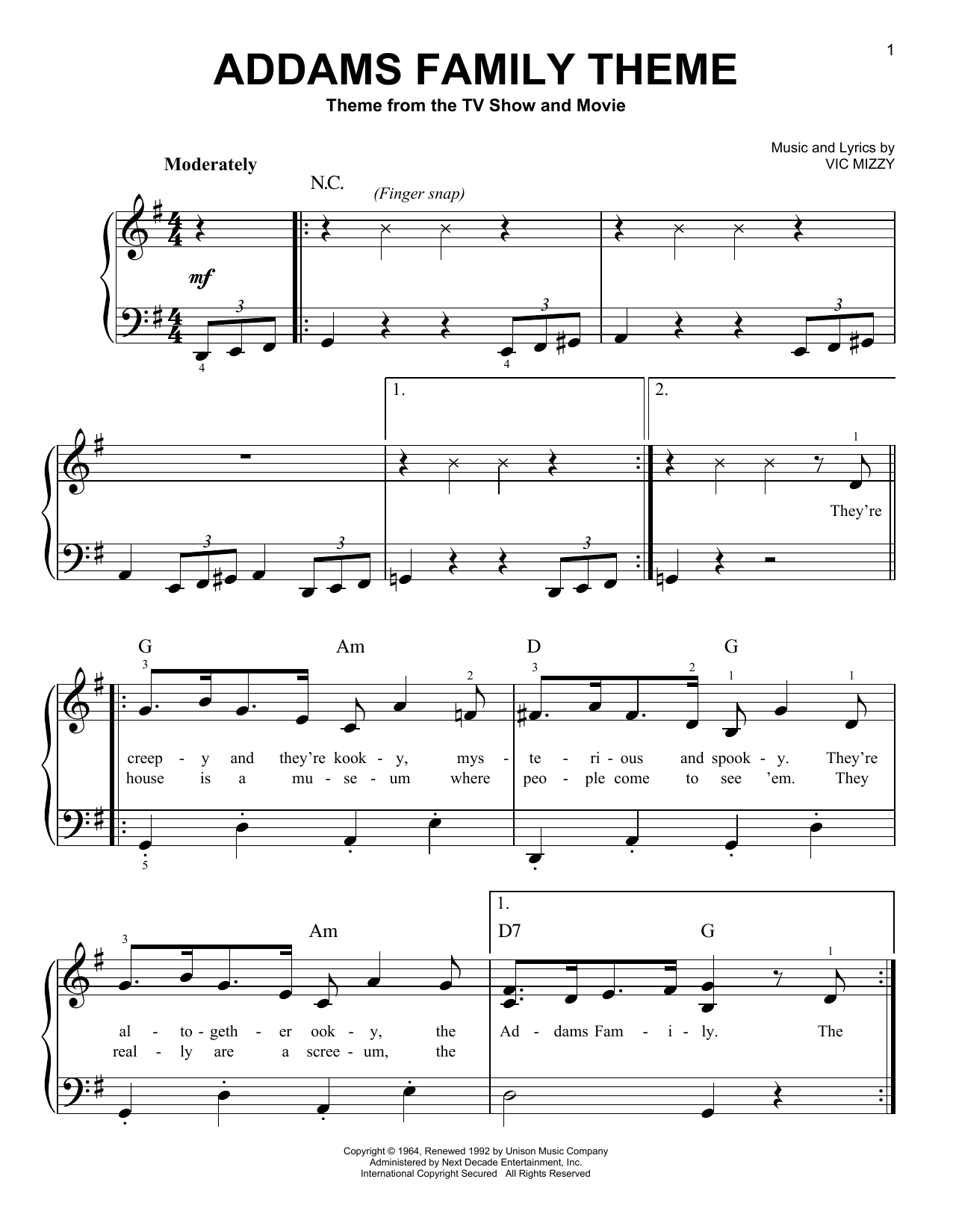 The Addams Family Theme (Very Easy Piano) von Vic Mizzy