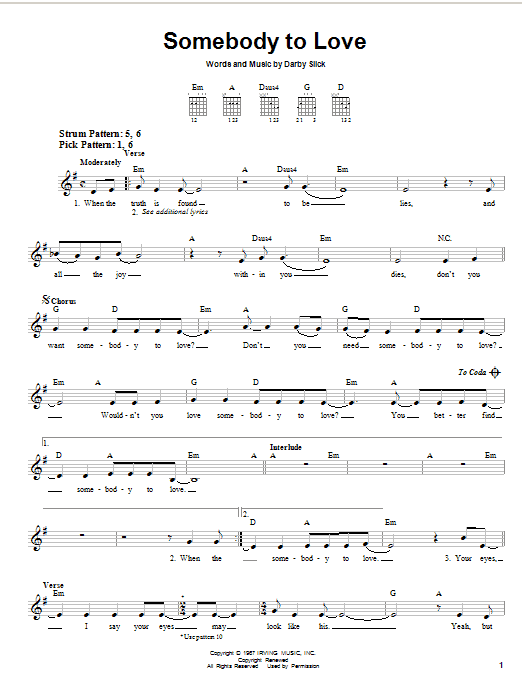 Somebody To Love (Easy Guitar) von Jefferson Airplane
