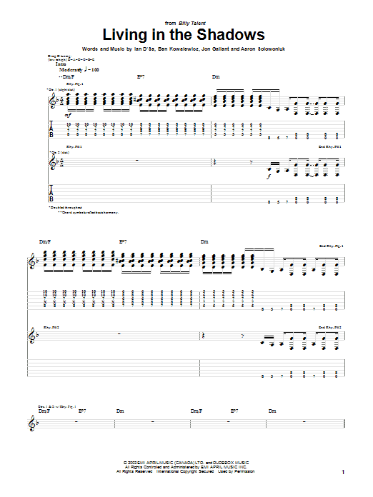 Living In The Shadows (Guitar Tab) von Billy Talent