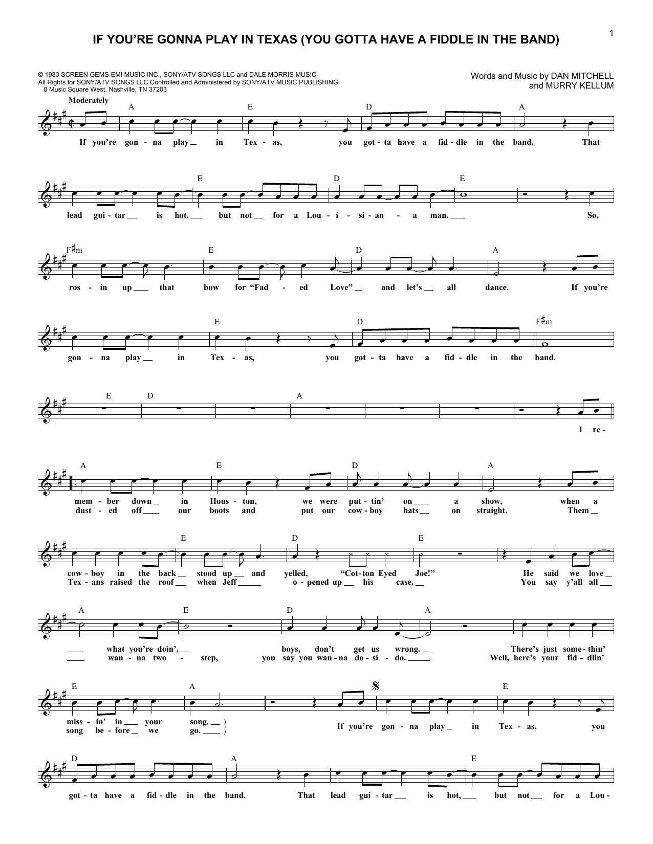 If You're Gonna Play In Texas (You Gotta Have A Fiddle In The Band) (Lead Sheet / Fake Book) von Alabama