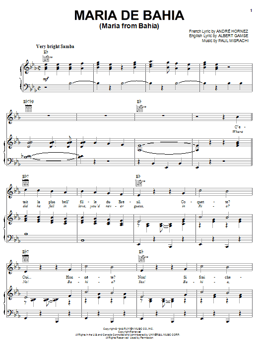 Maria De Bahia (Maria From Bahia) (Piano, Vocal & Guitar Chords (Right-Hand Melody)) von Paul Misrachi