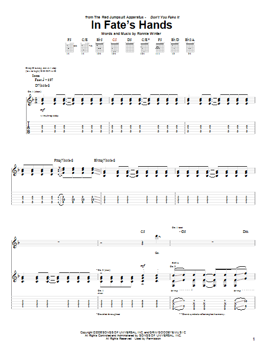 In Fate's Hands (Guitar Tab) von The Red Jumpsuit Apparatus