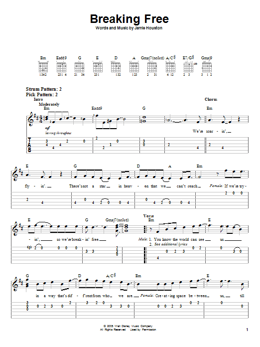 Breaking Free (from High School Musical) (Easy Guitar Tab) von Zac Efron & Vanessa Hudgens