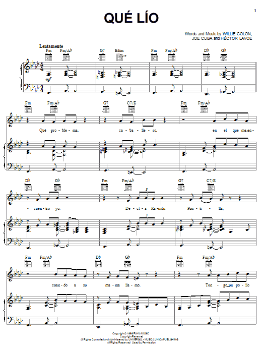Que Lio (Piano, Vocal & Guitar Chords (Right-Hand Melody)) von Hector Lavoe