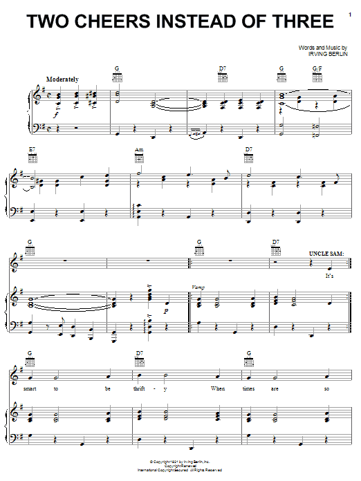 Two Cheers Instead Of Three (Piano, Vocal & Guitar Chords (Right-Hand Melody)) von Irving Berlin