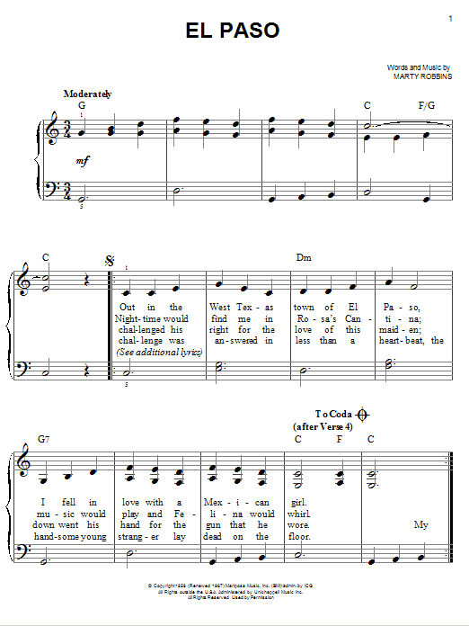 El Paso (Easy Piano) von Marty Robbins