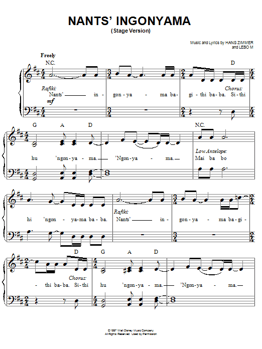 Nants' Ingonyama (Stage Version) (from The Lion King: Broadway Musical) (Easy Piano) von Elton John
