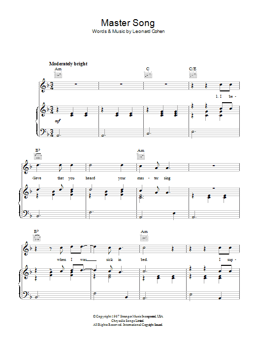 Master Song (Piano, Vocal & Guitar Chords) von Leonard Cohen