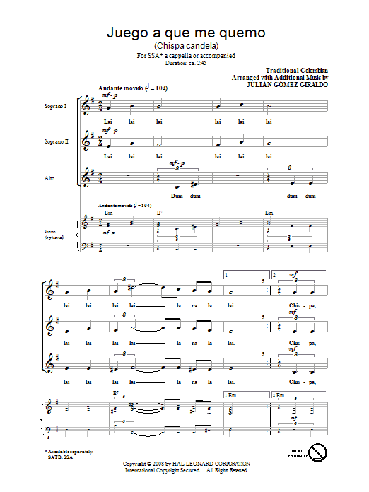 Juego A Que Me Quemo (Chispa Candela) (SSA Choir) von Julian Gomez Giraldo
