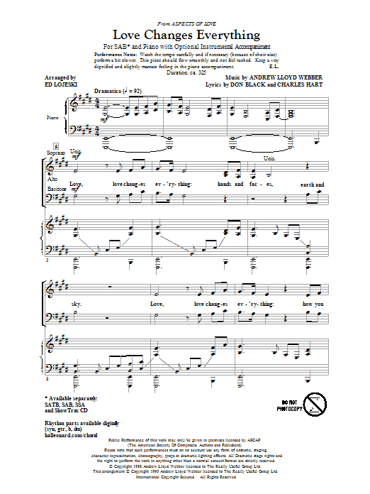 Love Changes Everything (from Aspects Of Love) (arr. Ed Lojeski) (SAB Choir) von Andrew Lloyd Webber