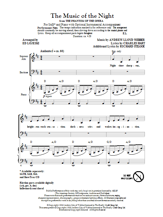 The Music Of The Night (from The Phantom Of The Opera) (SAB Choir) von Ed Lojeski