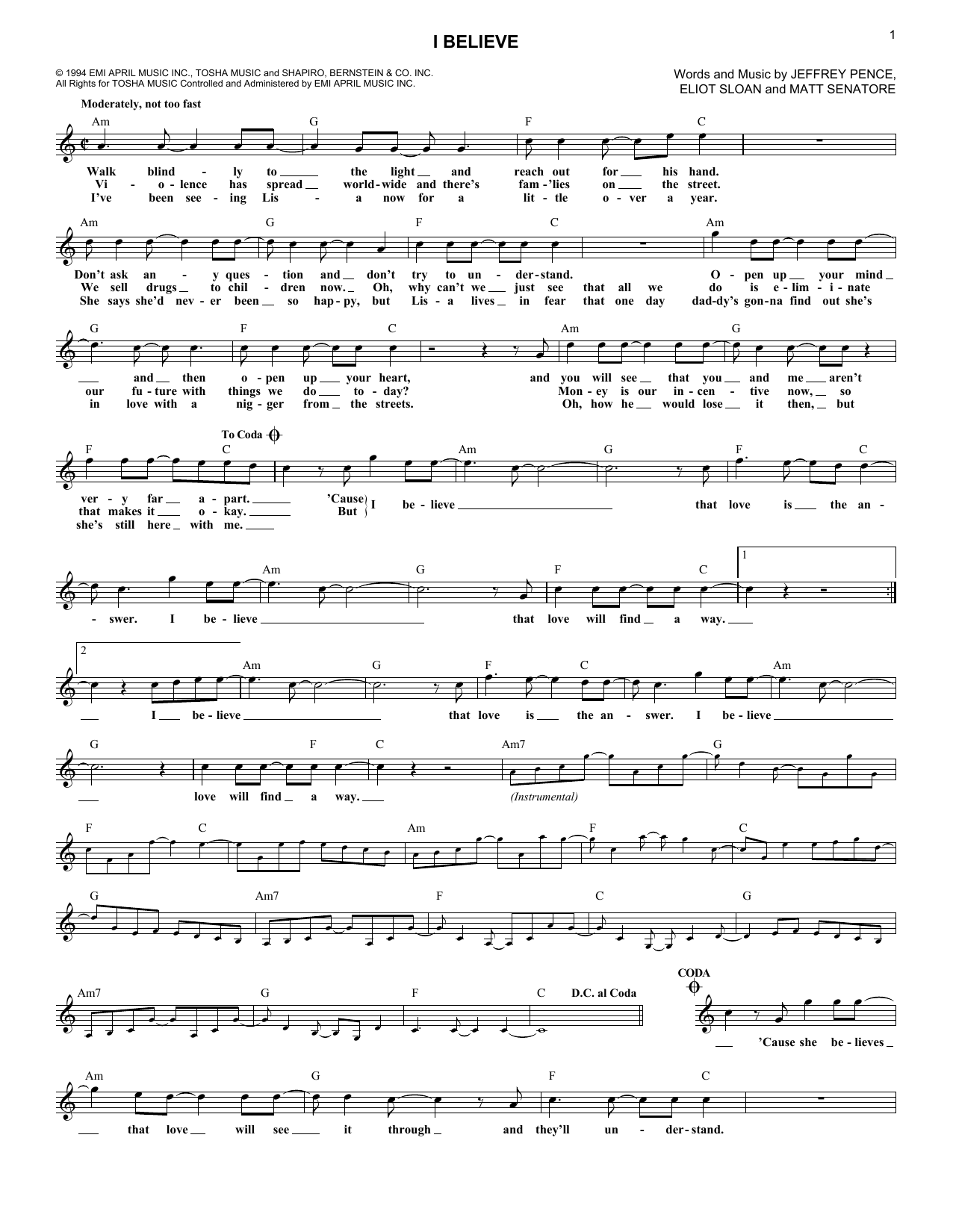 I Believe (Lead Sheet / Fake Book) von Blessid Union Of Souls