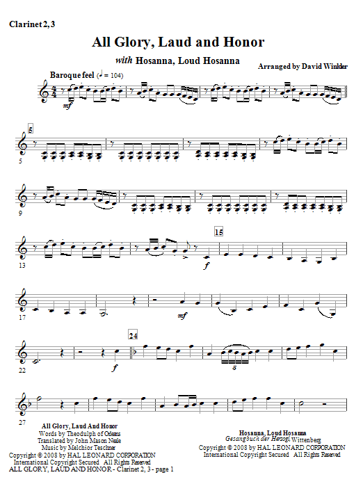 All Glory, Laud, And Honor (with Hosanna, Loud Hosanna) - Bb Clarinet 2,3 (Full Orchestra) von David Winkler