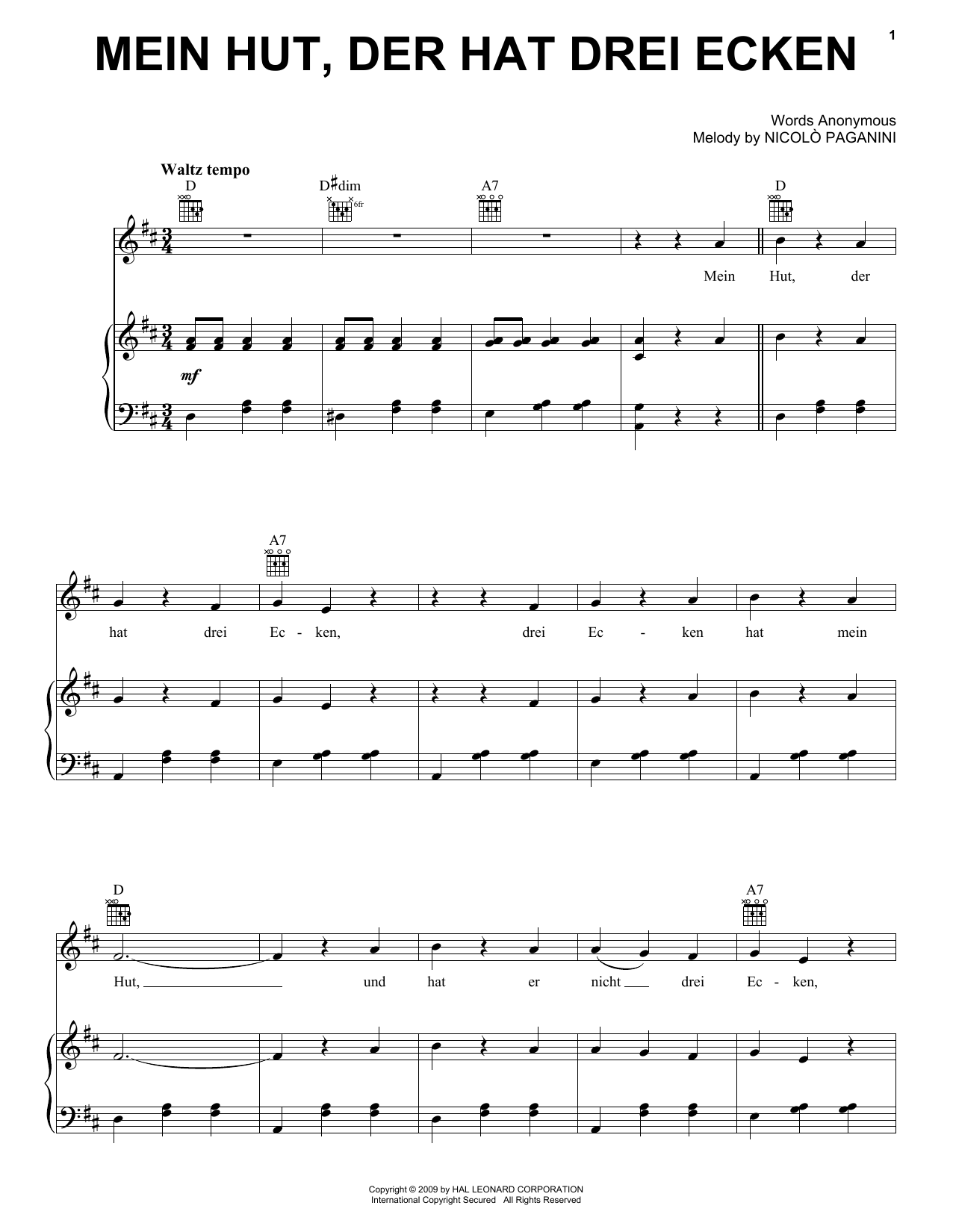 Mein Hut, Der Hat Drei Ecken (Piano, Vocal & Guitar Chords (Right-Hand Melody)) von Niccolo Paganini