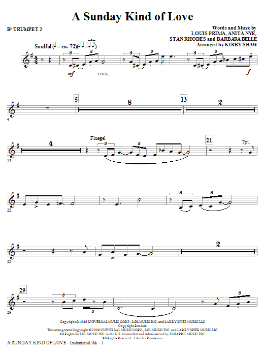 A Sunday Kind of Love - Bb Trumpet 2 (Choir Instrumental Pak) von Kirby Shaw