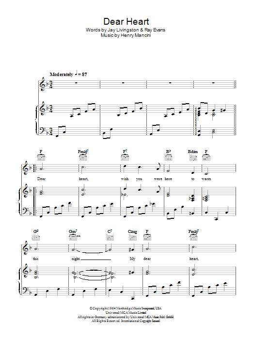 Dear Heart (Piano, Vocal & Guitar Chords) von Henry Mancini