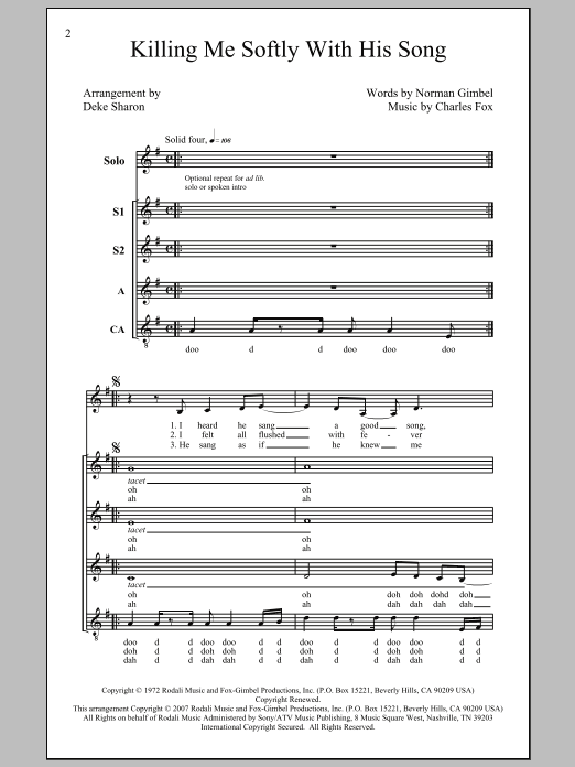Killing Me Softly With His Song (arr. Deke Sharon) (SSA Choir) von Roberta Flack