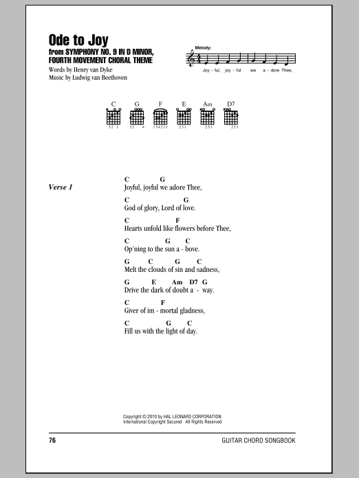 Ode To Joy (Guitar Chords/Lyrics) von Ludwig van Beethoven