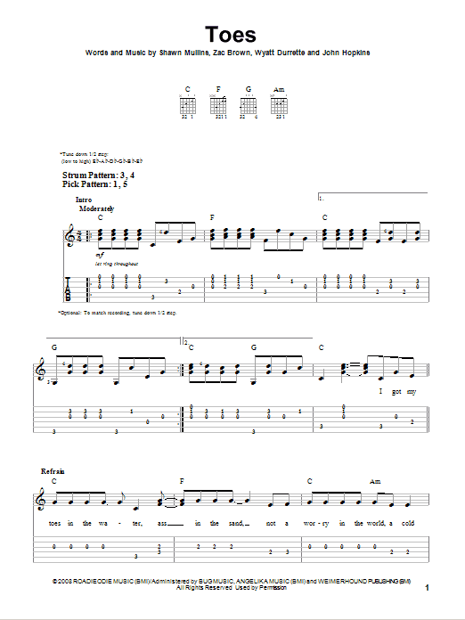 Toes (Easy Guitar Tab) von Zac Brown Band