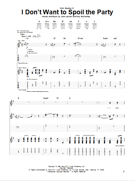 I Don't Want To Spoil The Party (Guitar Tab) von The Beatles