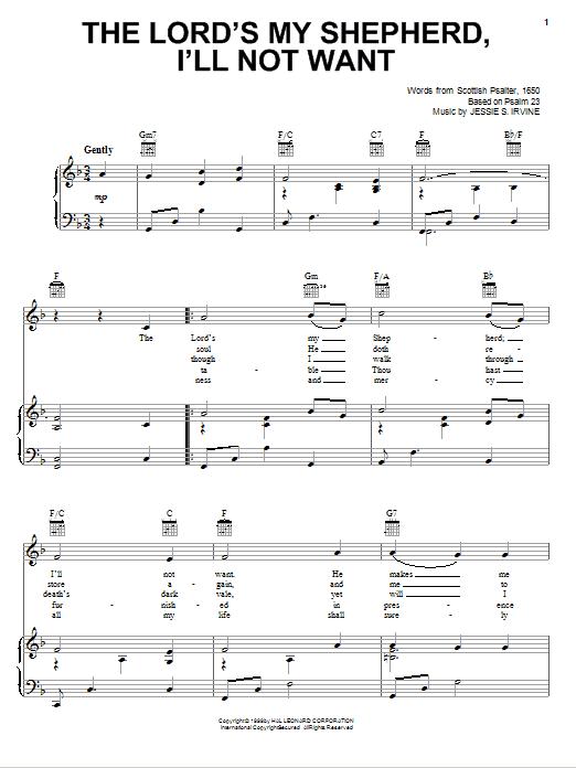 The Lord's My Shepherd, I'll Not Want (Piano, Vocal & Guitar Chords (Right-Hand Melody)) von Jessie S. Irvine