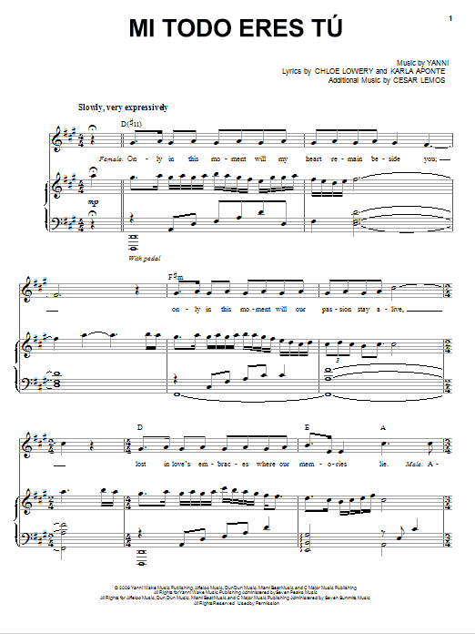 Mi Todo Eres Tu (Piano, Vocal & Guitar Chords (Right-Hand Melody)) von Yanni