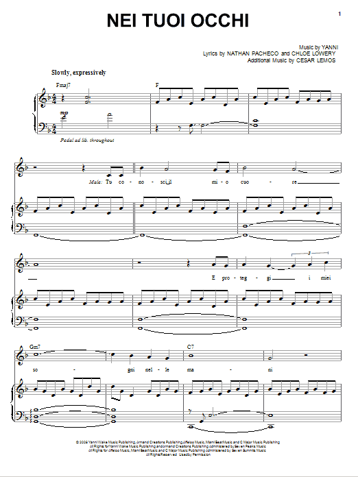 Nei Tuoi Occhi (Piano, Vocal & Guitar Chords (Right-Hand Melody)) von Yanni