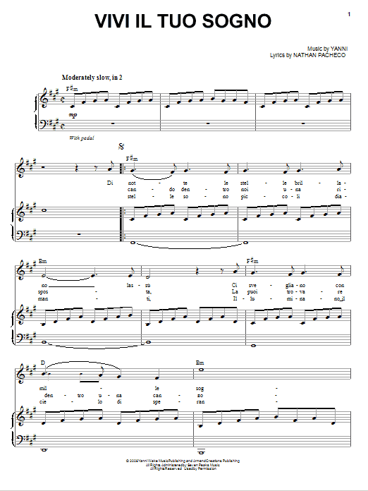 Vivi Il Tuo Sogno (Piano, Vocal & Guitar Chords (Right-Hand Melody)) von Yanni